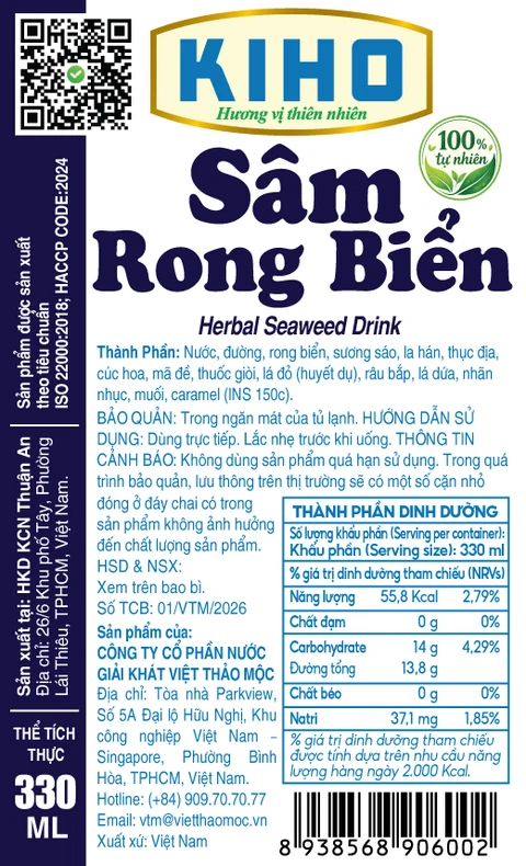 Nhãn chính thức Nước Sâm Rong Biển — hồ sơ tự công bố số 01/VTM/2026
